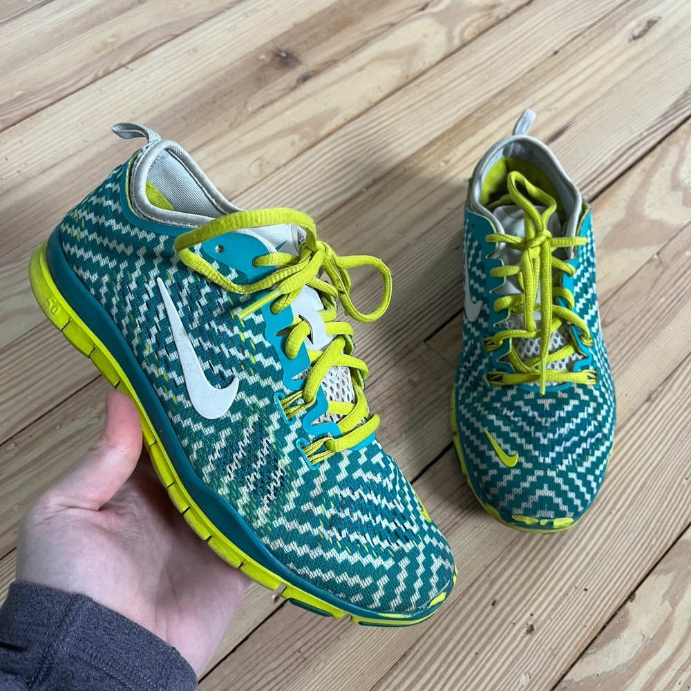 Nike Free 5.0 TR Fit 5 Print Teal Volt Yellow Training Shoes 629832-302 Womens 6